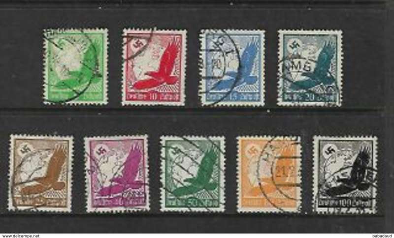 Germany: 1934, air stamps, 9 values 5pf - 100pf, used