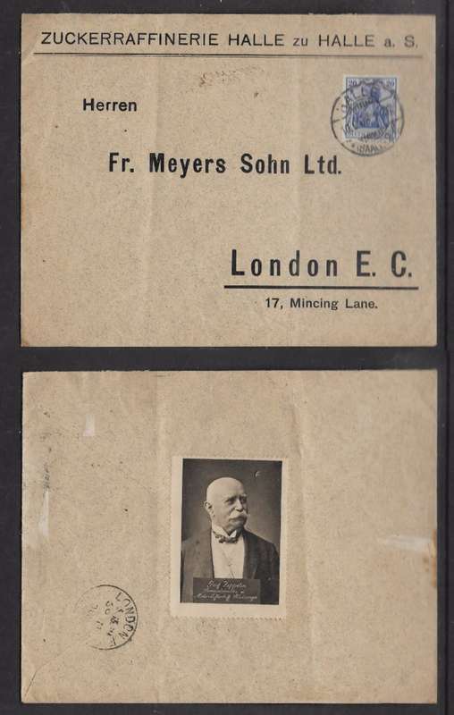 Germany 1908, 20pf cover from sugar refinery HALLE > LONDON, Graf Zeppellin poster on reverse