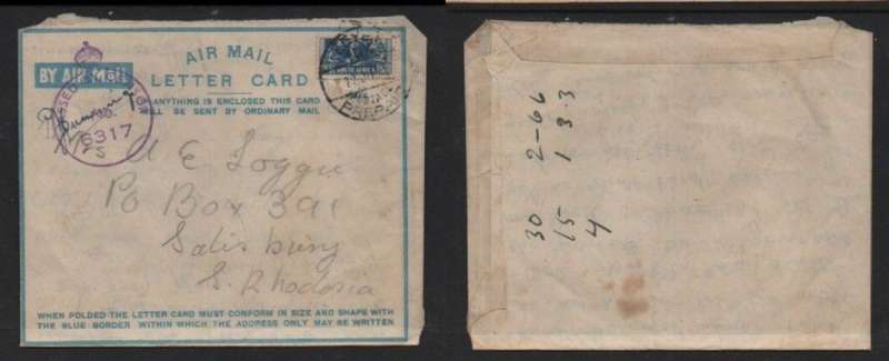 South Africa, air letter, 3d, EGYPT POSTAGE PREPAID 22 JU 43 c.d.s. > S.Rhodesia, Crowned Circle Cen
