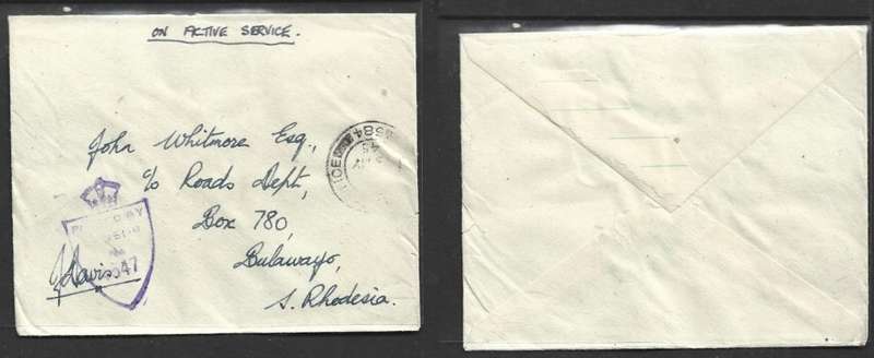 RHODESIAN AFRICAN RIFLES, FIELD POST OFFICE 584 3 MY 45 SHIELD CENSOR 4547 > Bulawayo
