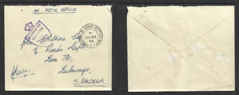 RHODESIAN AFRICAN RIFLES, FIELD POST OFFICE 217 20 AU 44, SHIELD CENSOR 8383 > Bulawayo