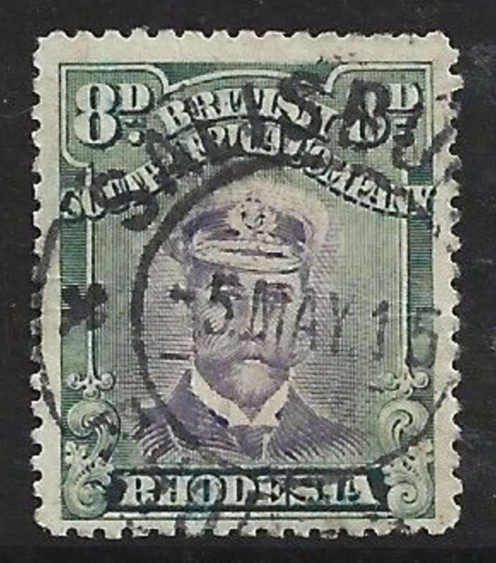 Rhodesia / B.S.A.Co. 1913 Admiral, 8d violet & green, Die II, perf 15, used