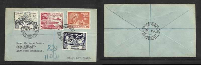 Northern Rhodesia, 1949, UPU plain First Day Cover, registered LIVINGSTONE 10 X 49 ,