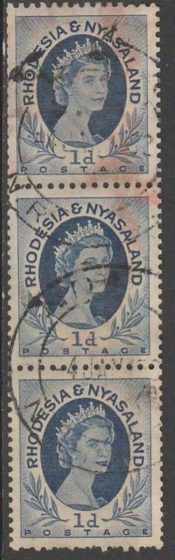 Rhodesia & Nyasaland, EIIR, 1955, 1d coil, perf 12.5 x 14, strip of 3, used (stained)