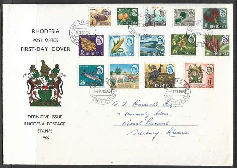 Rhodesia - 1966, Definitive set to £, First Day Cover, SALISBURY. RHODESIA 9 FEB 66