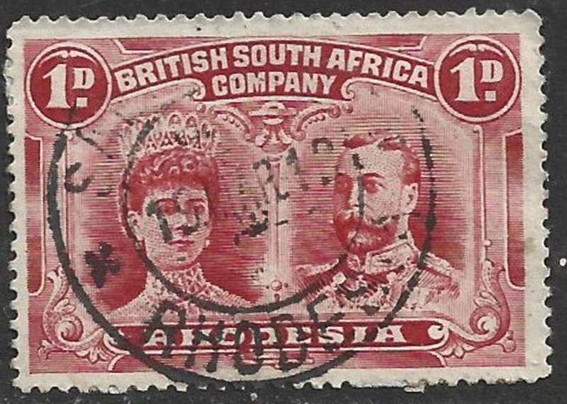Rhodesia / B.S.A.Co., GVR, 1910, double head, 1d carmine, perf 15, ` O_D flaw` used
