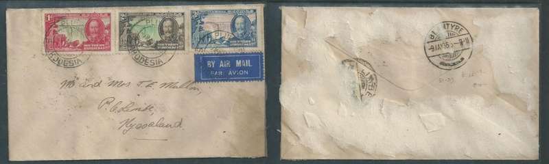 Southern Rhodesia, cover, air mail, 6d, PLUMTREE S. RHODESIA 7 MAY 1935 > LIMBE NYASALAND, BLANTYRE