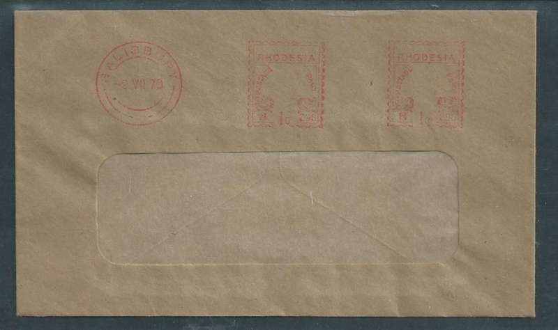 Rhodesia, window envelope, franked 1c, 1c meter stamps in red SALISBURY 9 VII 70, c.d.s.