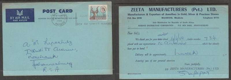 Rhodesia & Nyasaland, ZEETA MANUFACTURING, card, 3d, BELMONT BULAWAYO 1968 c.d.s. + slogan > S.Afric