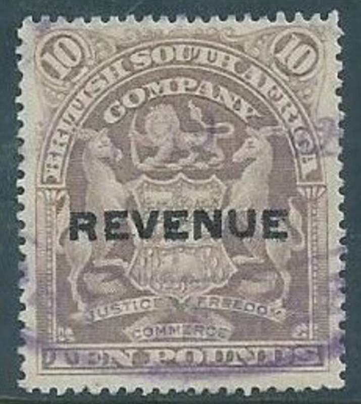 Southern Rhodesia / B.S.A.Co., 1907 Arms, £10, overprinted REVENUE, used
