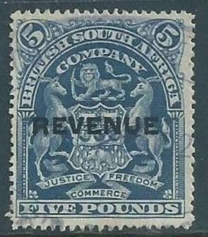 Southern Rhodesia / B.S.A.Co., 1907 Arms, £5, overprinted REVENUE, used