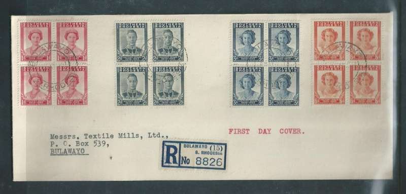 Rhodesia, Victory, First Day Cover, blocks of 4, BULAWAYO 8 MAY 47, c.d.s.