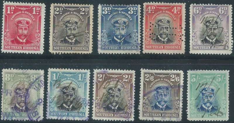 Southern Rhodesia, GVR, 10 values, 1/2d - 5/ fiscally used