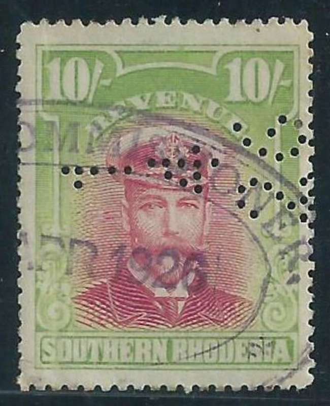 Southern Rhodesia, GVR, admiral, 1924 revenue stamp,10/, used, perfin 1/4/26 + oval date stamp