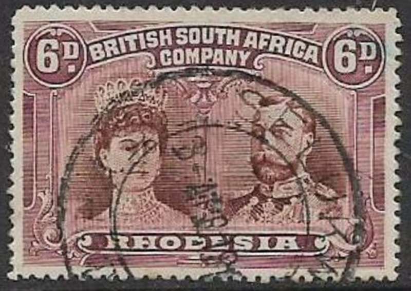 S.Rhodesia / B.S.A.Co., 1913, double head, 6d, perf 15, brown & mauve, used