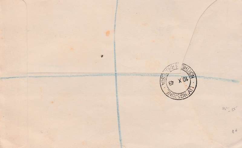 Northern Rhodesia, First Day Cover, Universal Postal Union LIVINGSTONE 10 x 49. Registered > Cape To
