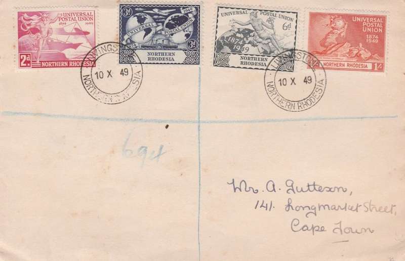 Northern Rhodesia, First Day Cover, Universal Postal Union LIVINGSTONE 10 x 49. Registered > Cape To