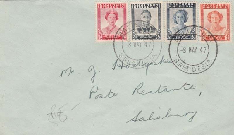 Rhodesia, First Day Cover, Victory, SALISBURY 8 MAY 47 > SALIBURY POSTE RESTANTE