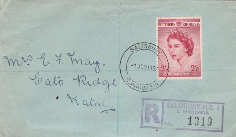 Rhodesia, First Day Cover, Elizabeth II Coronation, SALIBURY 1 JUN 1953 registered >CATO RIDGE (S.Af