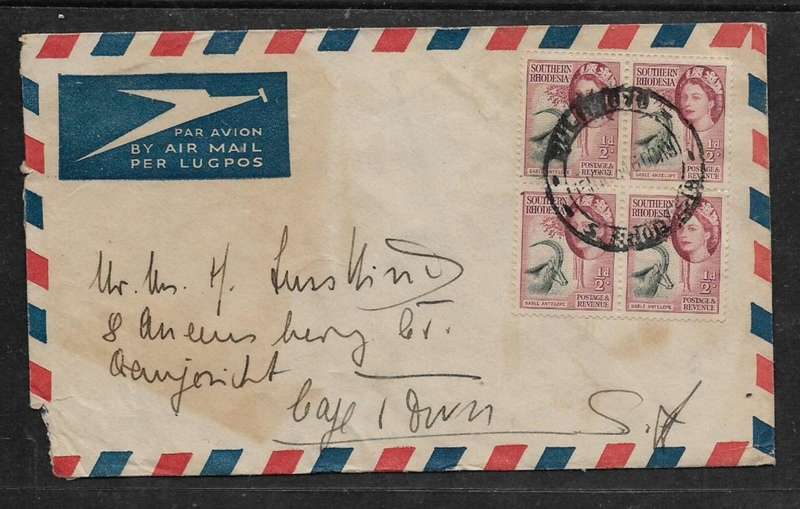 Rhodesia, 1964 air mail 2d (4 x 1/2d ) > South Africa. BULAWAYO S RHODESIA 15 MAY 64, c.d.s.