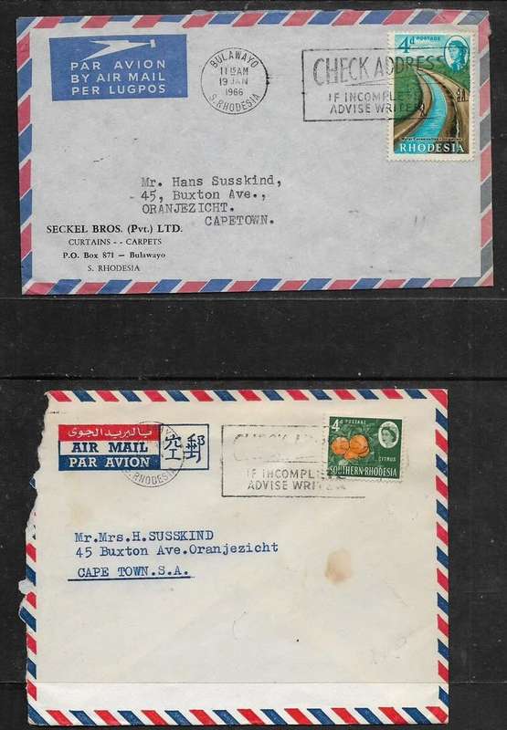 Rhodesia, 1965, 1966 2 covers, air mail,4d > South Africa. BULAWAYO c.d.s.+ slogan CHECK ADDRESS ...