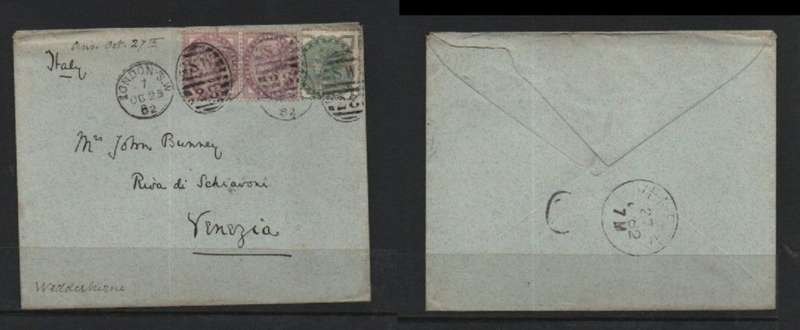 Great Britain, VRI, cover, 2 1\2 d, LONDON S.W. OC 25 82 / SW 28, duplex >Italy VENIZIA 27 oc 82 arr