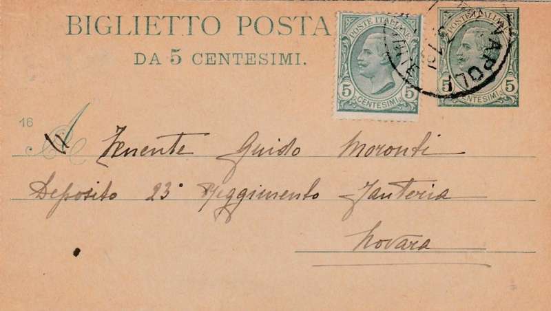 Italy, 5 c letter card uprated with 5c adhesive, used NAPOLI 3.3.18 > Novara