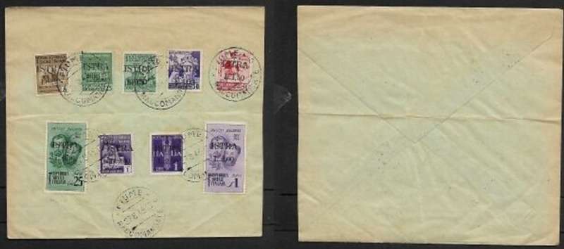 Istria : 9 x Italian stamps, surcharged, overprinted ISTRA, c.t.o.on envelope FIUME RACCOMANDE 27.8.