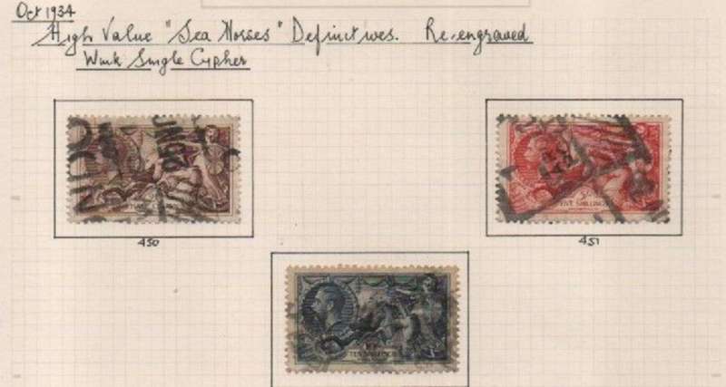 Great Britain, GVR, 1934, 2`6, 5/, 10/ re-engraved seahoses, used 10/ c.d.s, 2`6, 5/ parcels