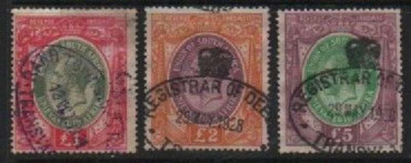 S.Africa, GVR, 1913, Revenue, £1, £2, £5 used