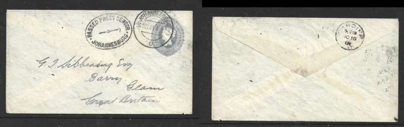 G.B 1892, 2 1/2d stationery envelope, used JOHANNESBURG25 OCT 01, PASSED BY PRESS CENSOR JOHANNESBUR