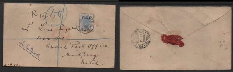Orange Free State, registered letter V.R.I. 6d, BLOEMFONTEIN JU 2 00 >PIETERMARITZBURG9 JU 1900
