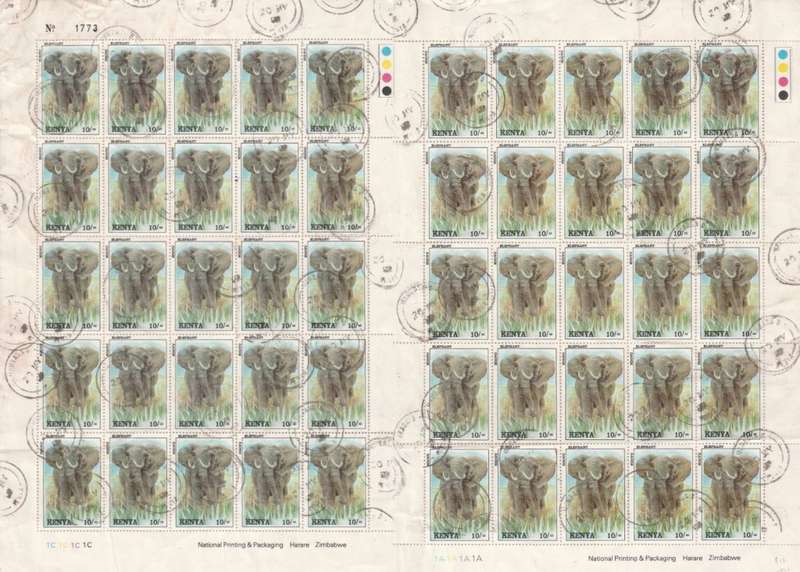Kenya, 10/ elephant, full sheet of 50, used MOMBASA 20 MY 1992