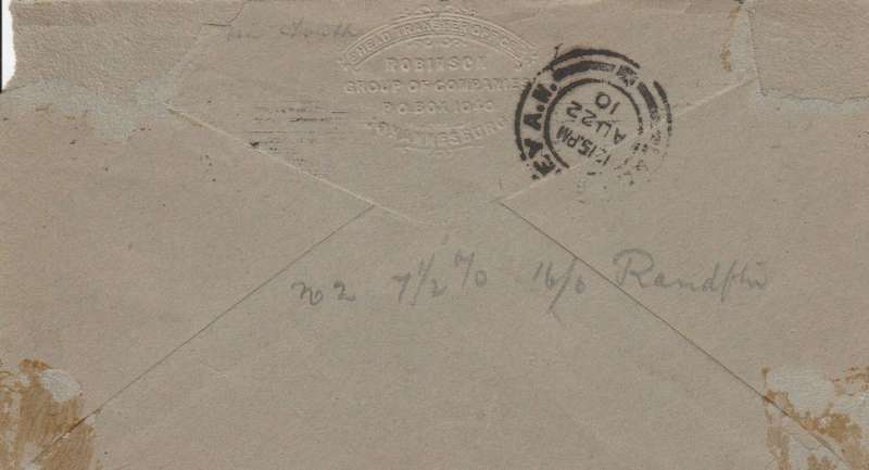 1st sub type of roller cancel TRANSVAAL reading upwards JOHANNESBURG AUG 18 1910
