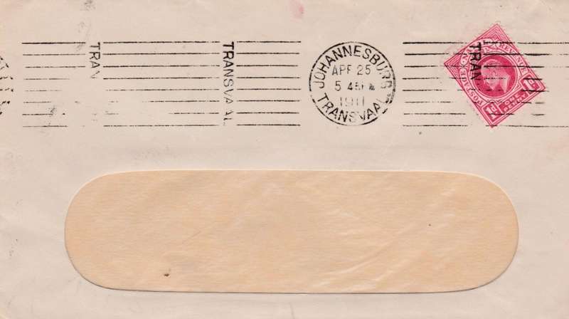 2nd sub type of roller cancel TRANSVAAL reading downwards JOHANNESBURG APR 25 1911,Natal 1d, Interpr
