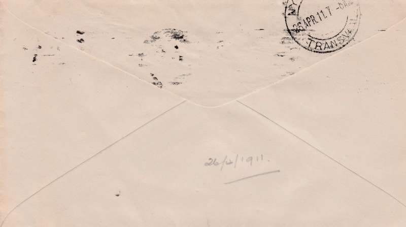 2nd sub type of roller cancel TRANSVAAL reading downwards JOHANNESBURG APR 25 1911,Natal 1d, Interpr