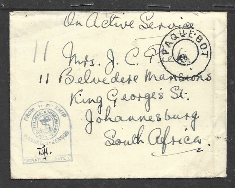 On Active Service > Johannesburg, S.Africa, FROM H.M.SHIP Passed by Censor , dumb, undated PAQUEBOT