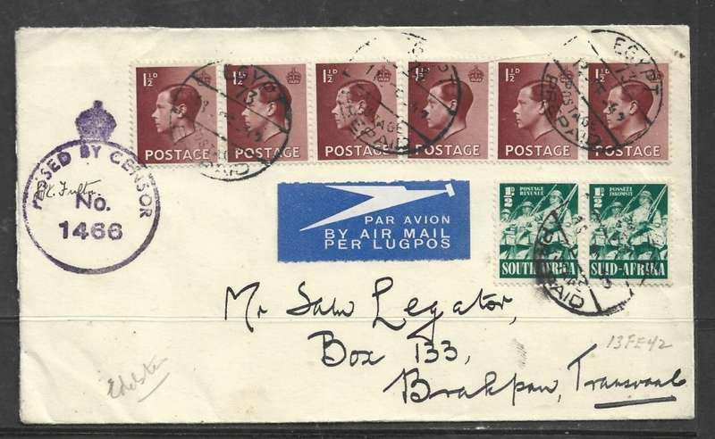Air Mail, 10d, EGYPT 73 POSTAGE PREPAID 13 FE 42 c.d.s., Crowned circle . Censor No 1466> Transvaal