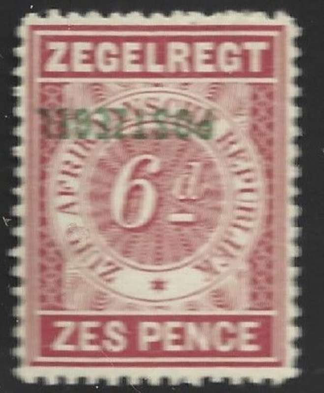 ZAR / Transvaal,1895 6d Zegelregt ( revenue) with inverted overprint POSTAGE. mh *