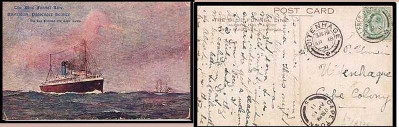 S.Africa, CoGH, 1/2d on Blue Funnel LinePPC, ALFRED DOCKS AP 15 11 c.d.s. >UITENHAGE AP 18, CAPETOWN