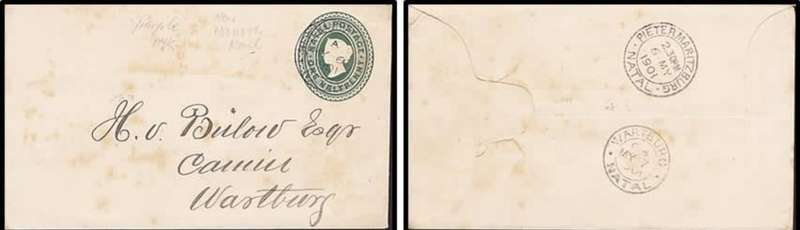 Natal, VRI, 1d stationery envelope, NEW HANOVER RAIL MY 30 1901> WARTBURG NATAL MY3? 7 1901, PIETERM
