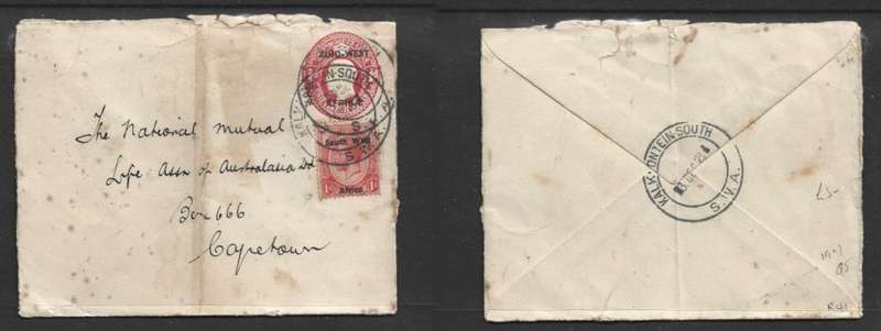 South West Africa opt, 1d pre-stamped stationery of SA, + 1d adhesiveKALKFONTEIN SOUTH S,W,A, 3 DEC