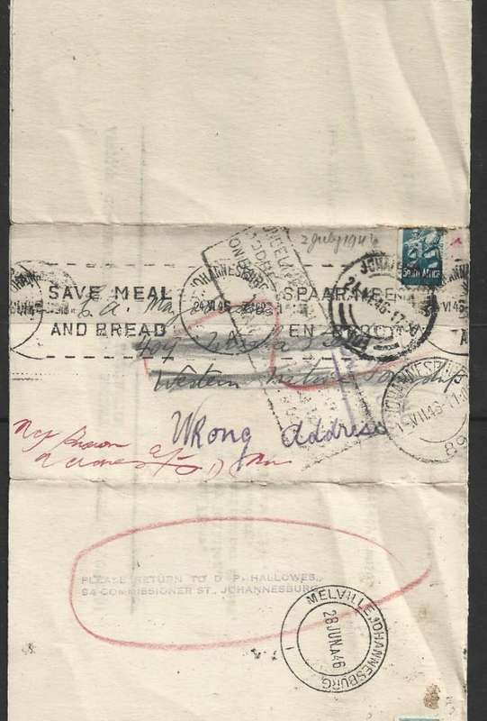 Entire 1/2d JOHANNESBURG 24 VI 46> W. Native Township UNDELIVERABLE cachet MELVILLE JOHANNESBURG > J