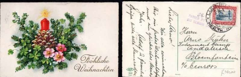 South West Africa, Post card, 1d, LUDERITZ HEALTH RESORT SWA SEA BATHING20 DEC 40 c.d.s., PASSED BY