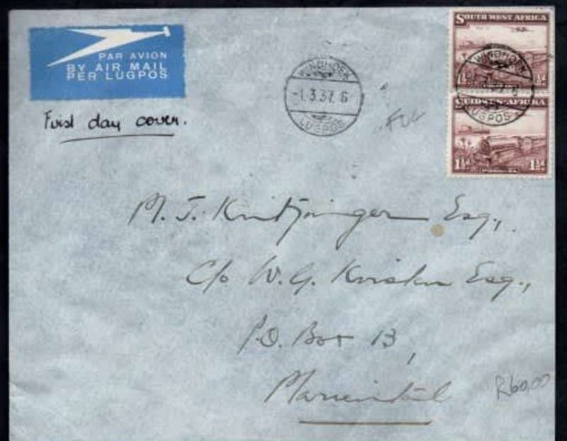 South West Africa, 1 1/2 vertical pair, first day WINDHOEK LUGPOS 1.3.37 c.d.s.air mail > MARIENTAL