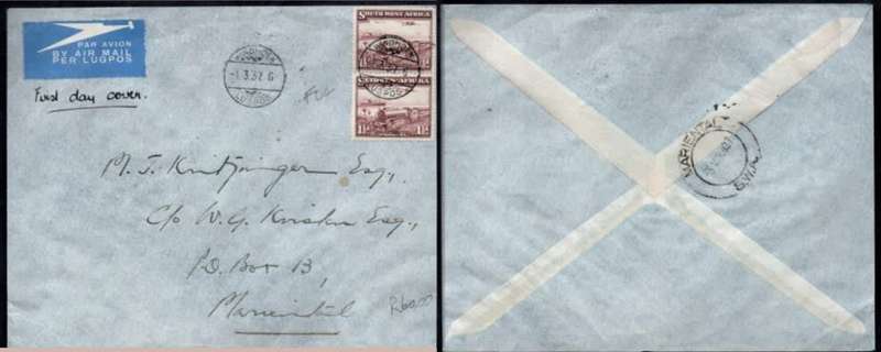 South West Africa, 1 1/2 vertical pair, first day WINDHOEK LUGPOS 1.3.37 c.d.s.air mail > MARIENTAL