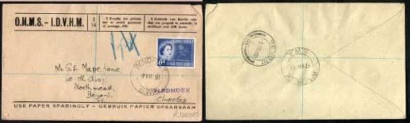 South West Africa O.H.M.S. envelope, franked 6d for registration, WINDHOEK SWA 7 VII 53 > BENONI (Tr