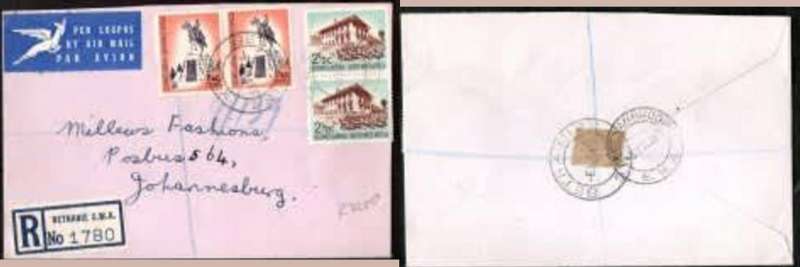 South West Africa registered cover, 8 cents BETHANIE S.W.A. 6 XII 61 c.d.s., > Johannesburg KEETMANS