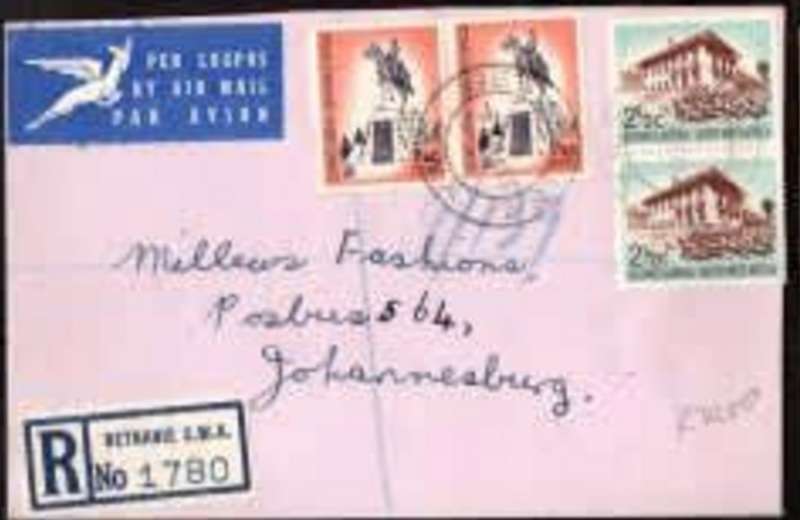 South West Africa registered cover, 8 cents BETHANIE S.W.A. 6 XII 61 c.d.s., > Johannesburg KEETMANS