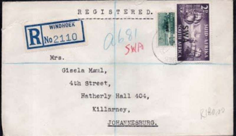 South West Africa registered cover, 6d, WINDHOEK 21 5 52 c.d.s. > Johannesburg.